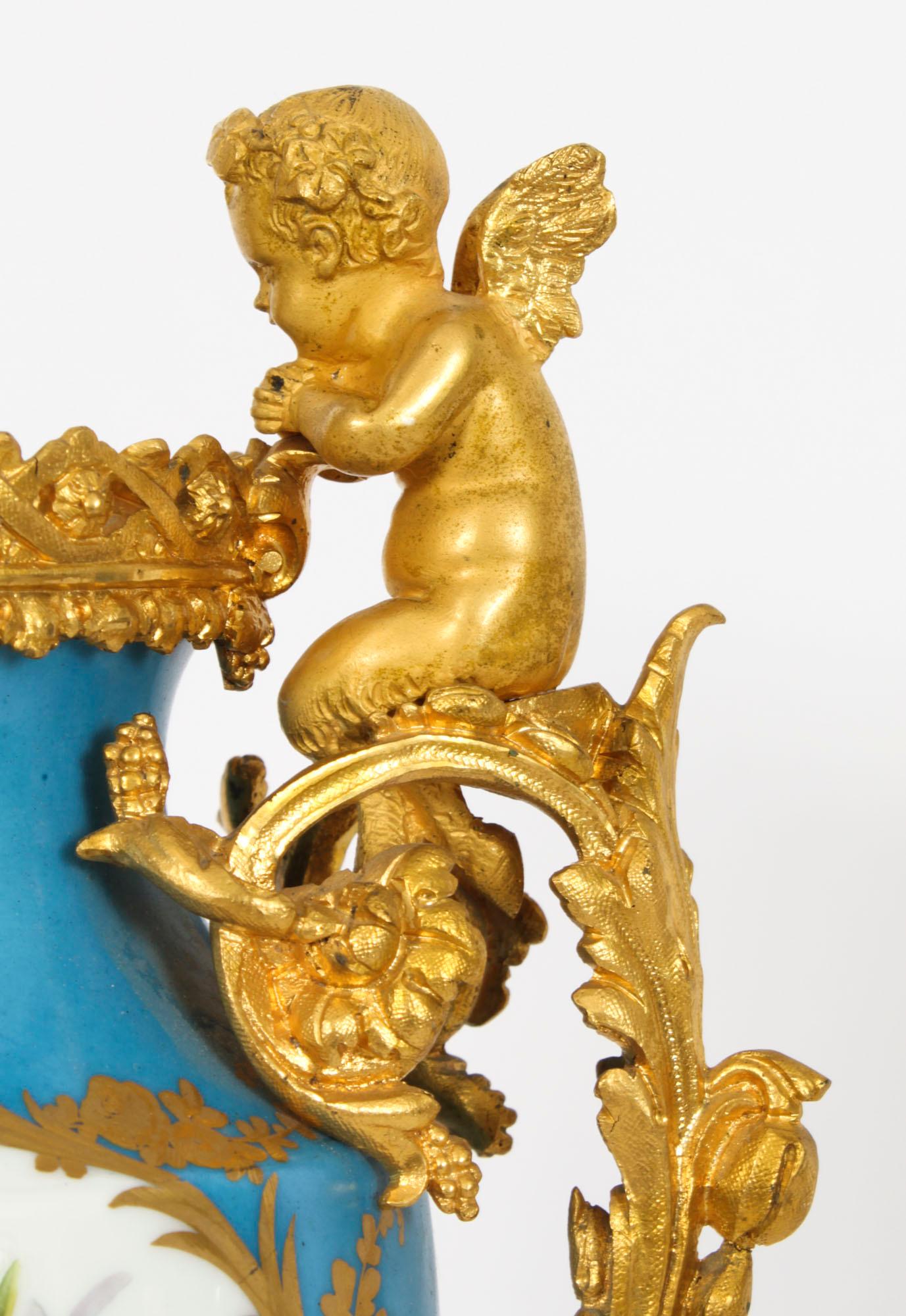 Antique Pair Bleu Celeste Sevres Porcelain Gilt Bronze Urns 19th Century 3