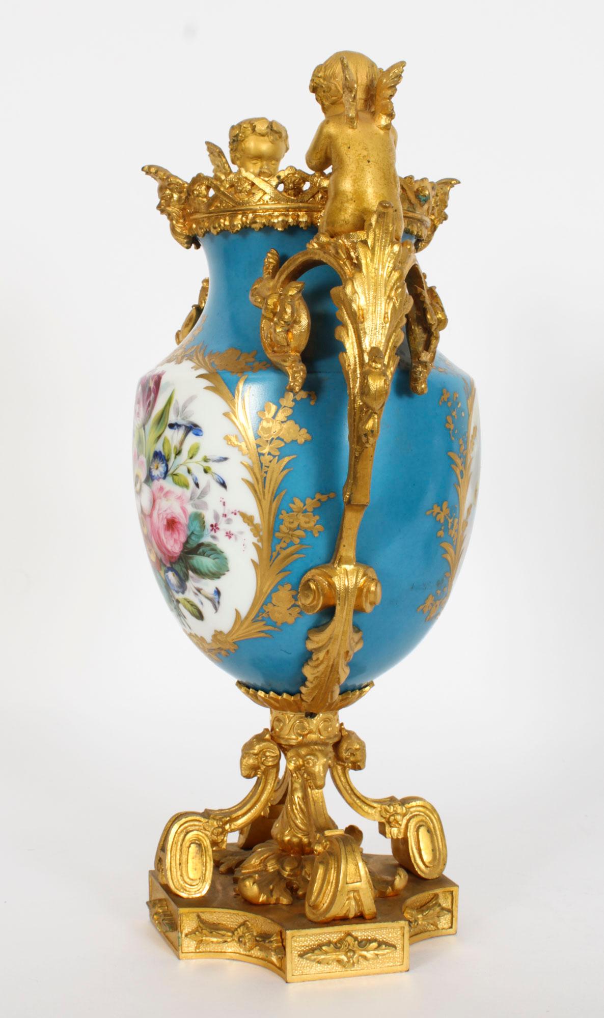 Antique Pair Bleu Celeste Sevres Porcelain Gilt Bronze Urns 19th Century 4