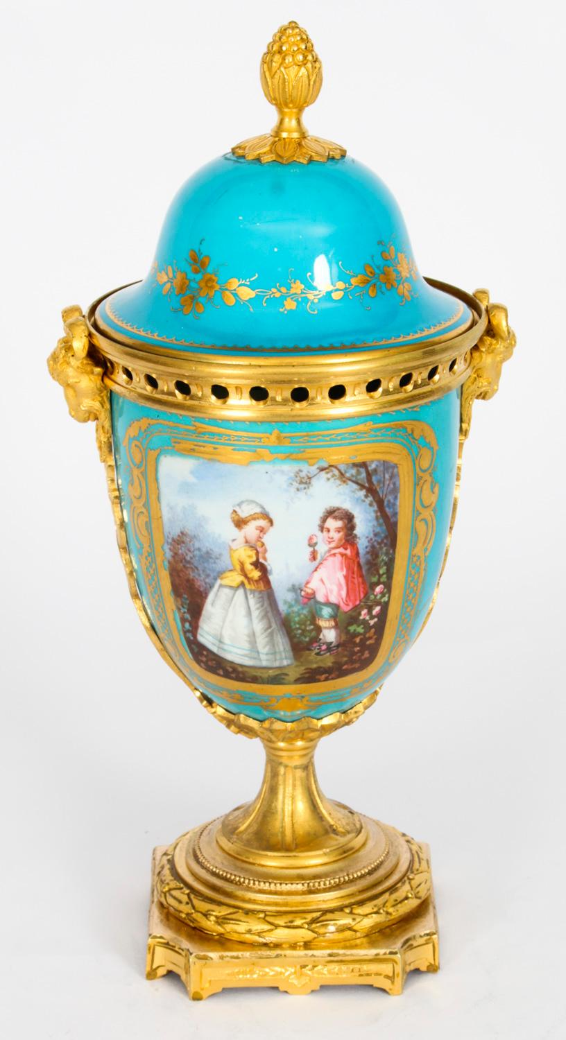Antique Pair Bleu Celeste Sevres Porcelain Lidded Pot Pourri Vases 19th C 4