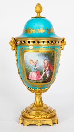 Antique Pair Bleu Celeste Sevres Porcelain Lidded Pot Pourri Vases 19th C