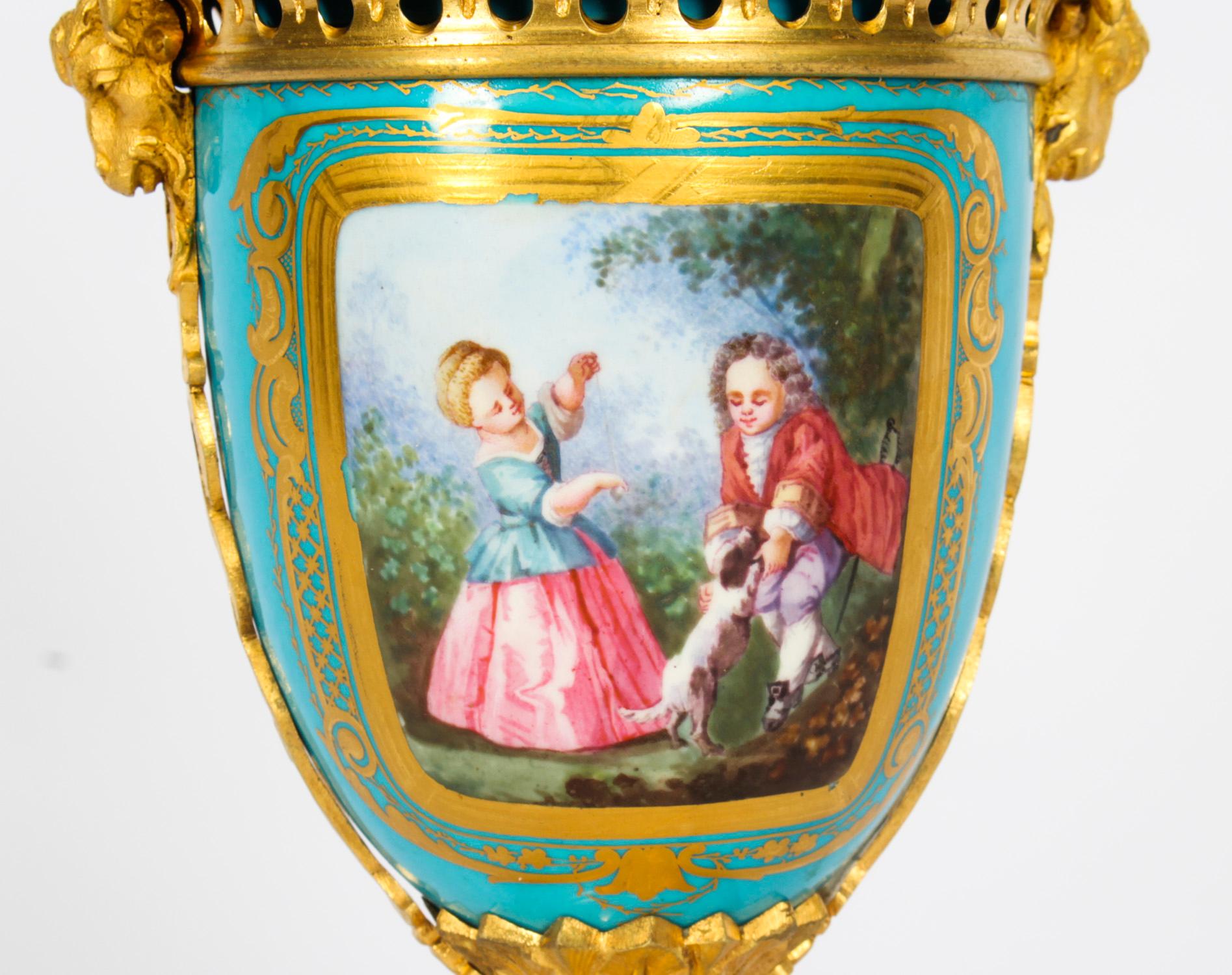 French Antique Pair Bleu Celeste Sevres Porcelain Lidded Pot Pourri Vases 19th C