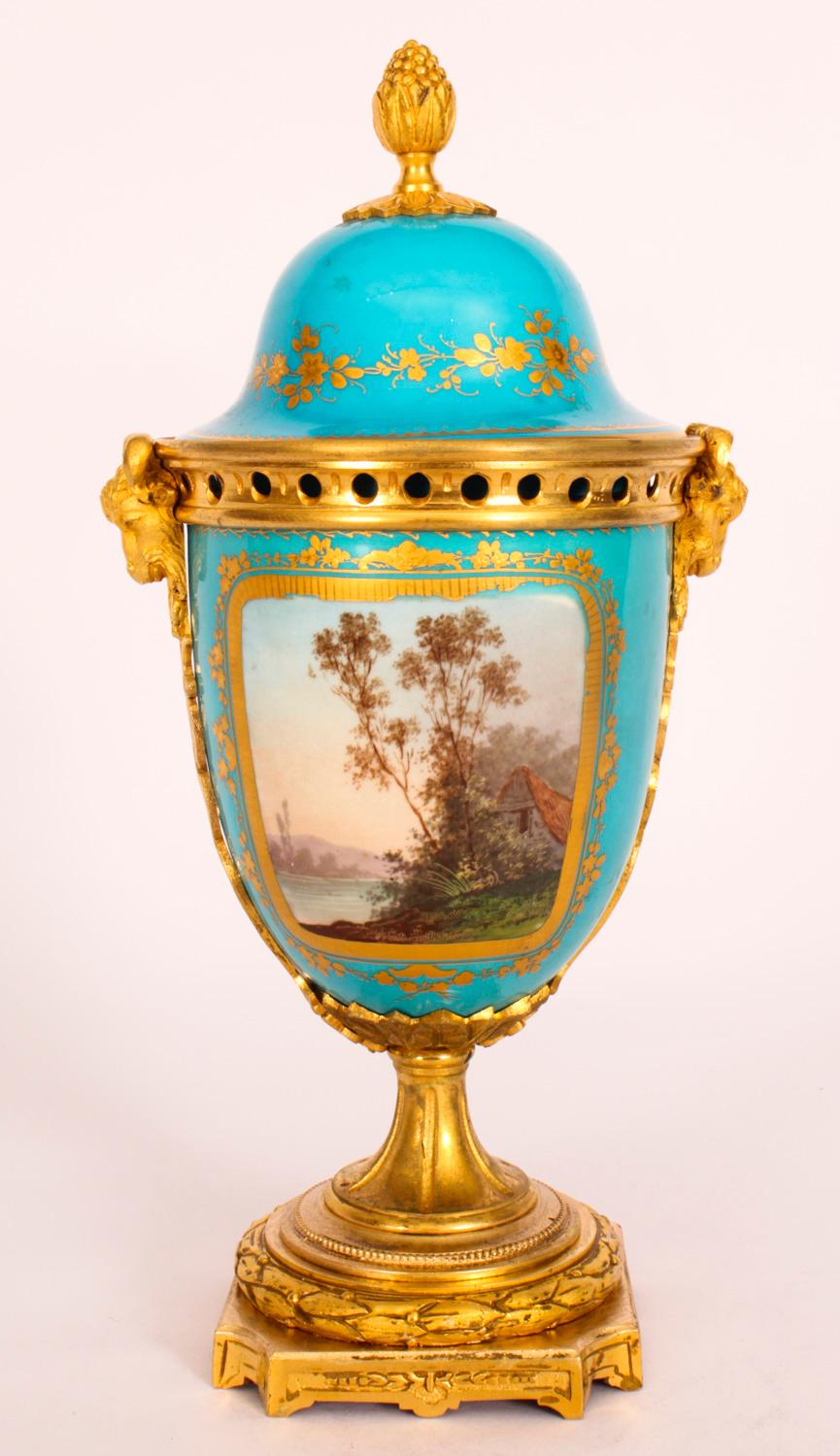Antique Pair Bleu Celeste Sevres Porcelain Lidded Pot Pourri Vases 19th C In Good Condition In London, GB