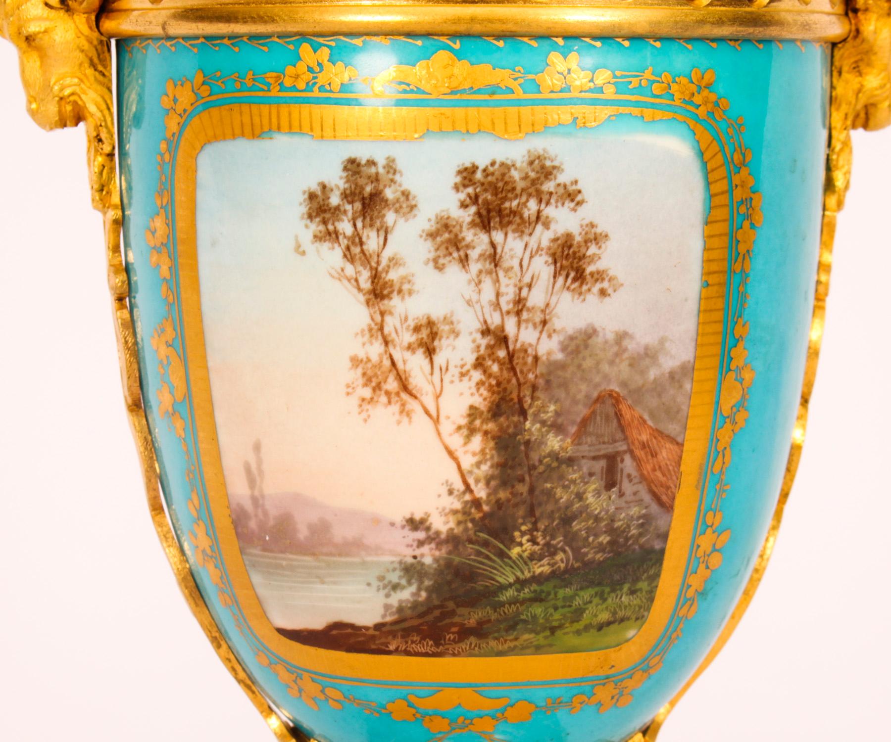 Late 19th Century Antique Pair Bleu Celeste Sevres Porcelain Lidded Pot Pourri Vases 19th C