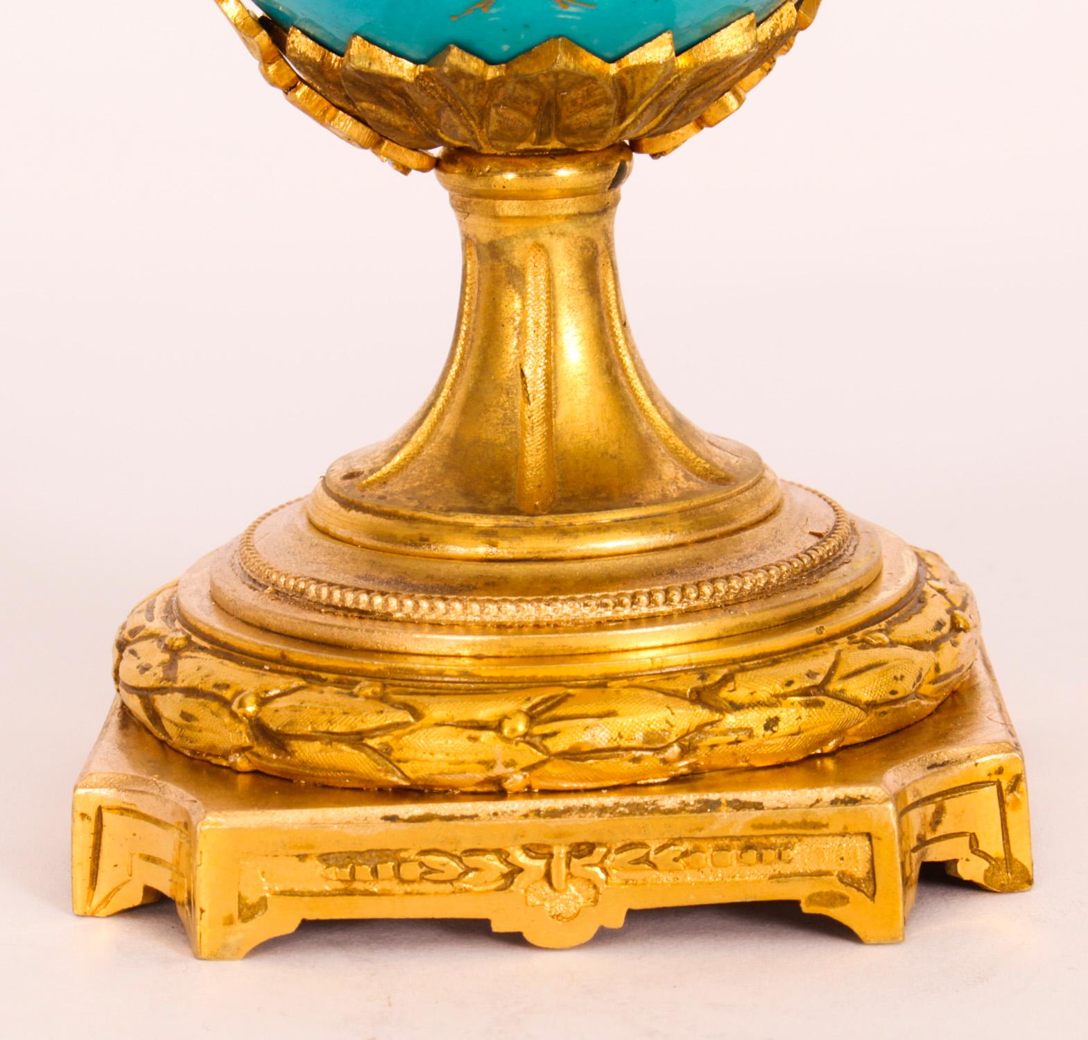 Bronze Antique Pair Bleu Celeste Sevres Porcelain Lidded Pot Pourri Vases 19th C