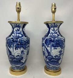 Antique Pair Blue and White Porcelain Ormolu Bronze Table Lamps Chinese European