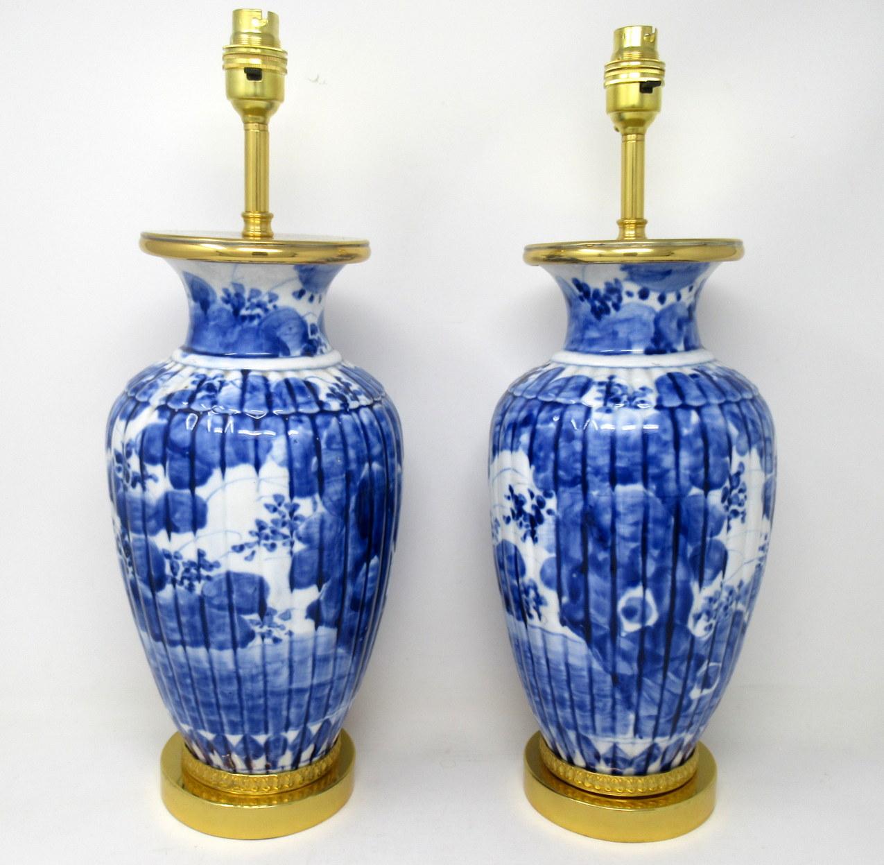 Art Deco Antique Pair Blue and White Porcelain Ormolu Bronze Table Lamps Chinese European