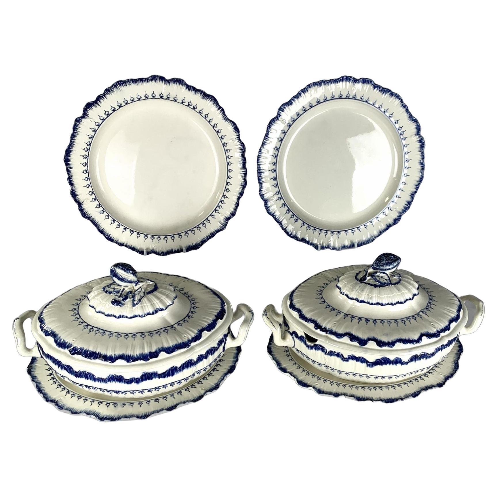 Antique Pair Blue and White Wedgwood Soup Tureens and 8 Dinner Plates Circa 1840