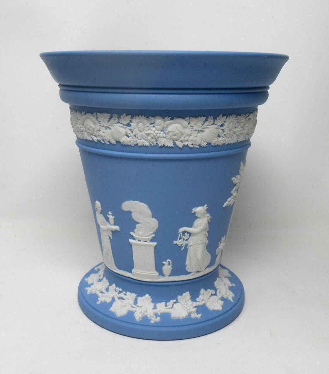 Hand-Painted Antique Blue Wedgwood Jasper Ware Vases Urns Mythological Classical Scenes, Pair
