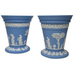 Antique Blue Wedgwood Jasper Ware Vases Urns Mythological Classical Scenes, Pair