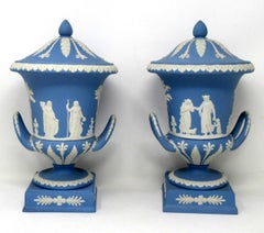 Antique Pair Blue Wedgwood Jasperware Ceramic Porcelain Urns Vases Centerpieces