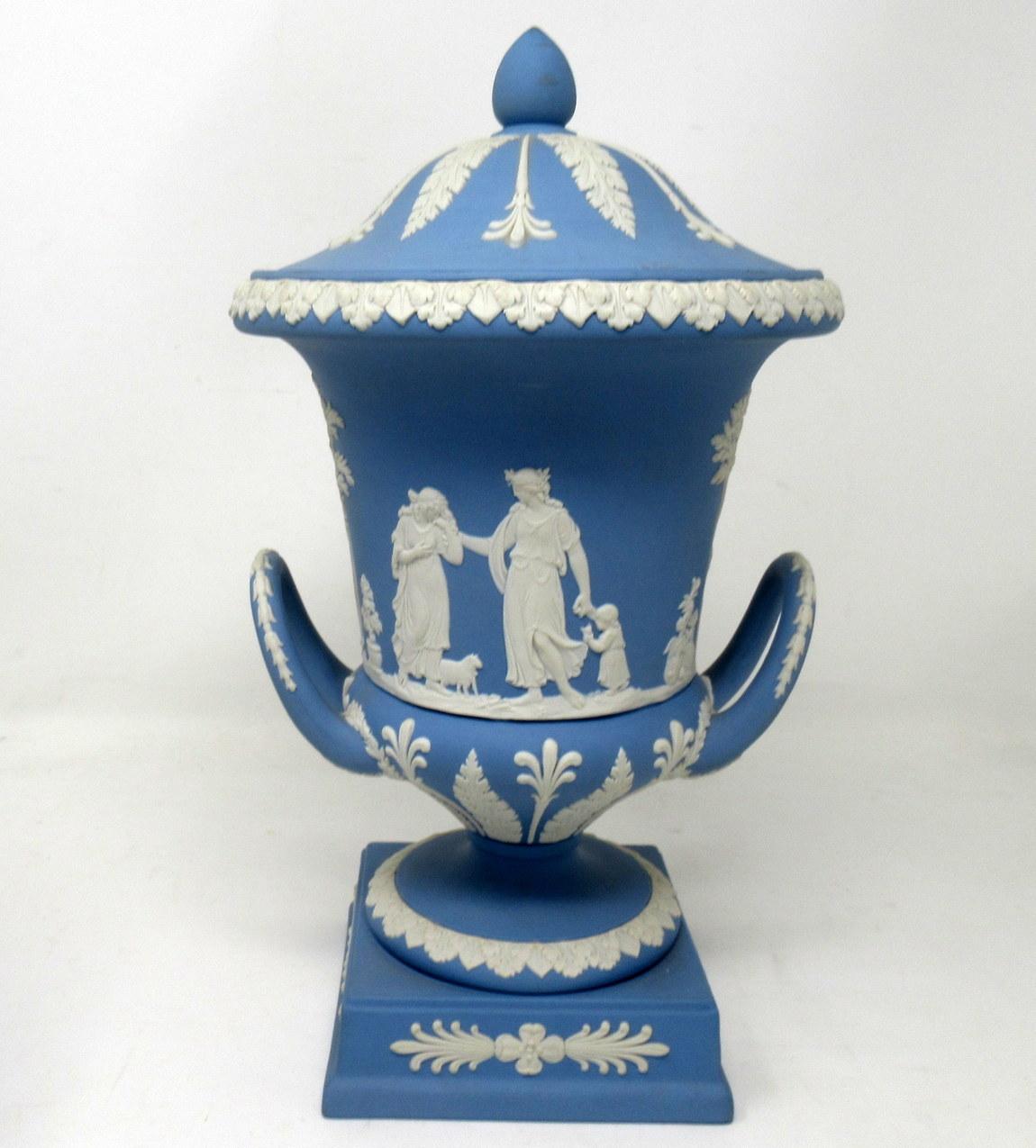 Mid-Century Modern Antique Pair Blue Wedgwood Jasperware Ceramic Porcelain Urns Vases Centerpieces 