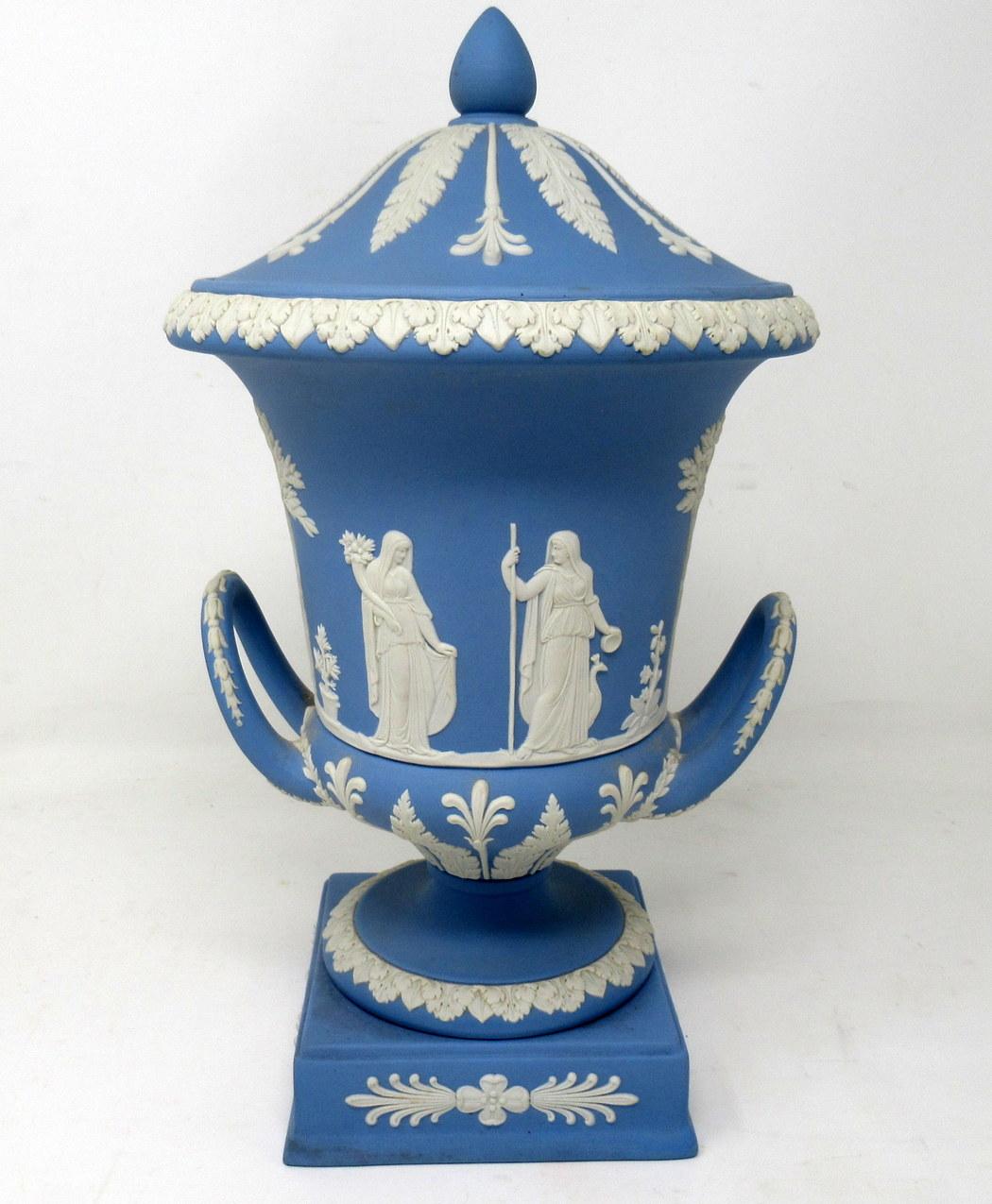 English Antique Pair Blue Wedgwood Jasperware Ceramic Porcelain Urns Vases Centerpieces 