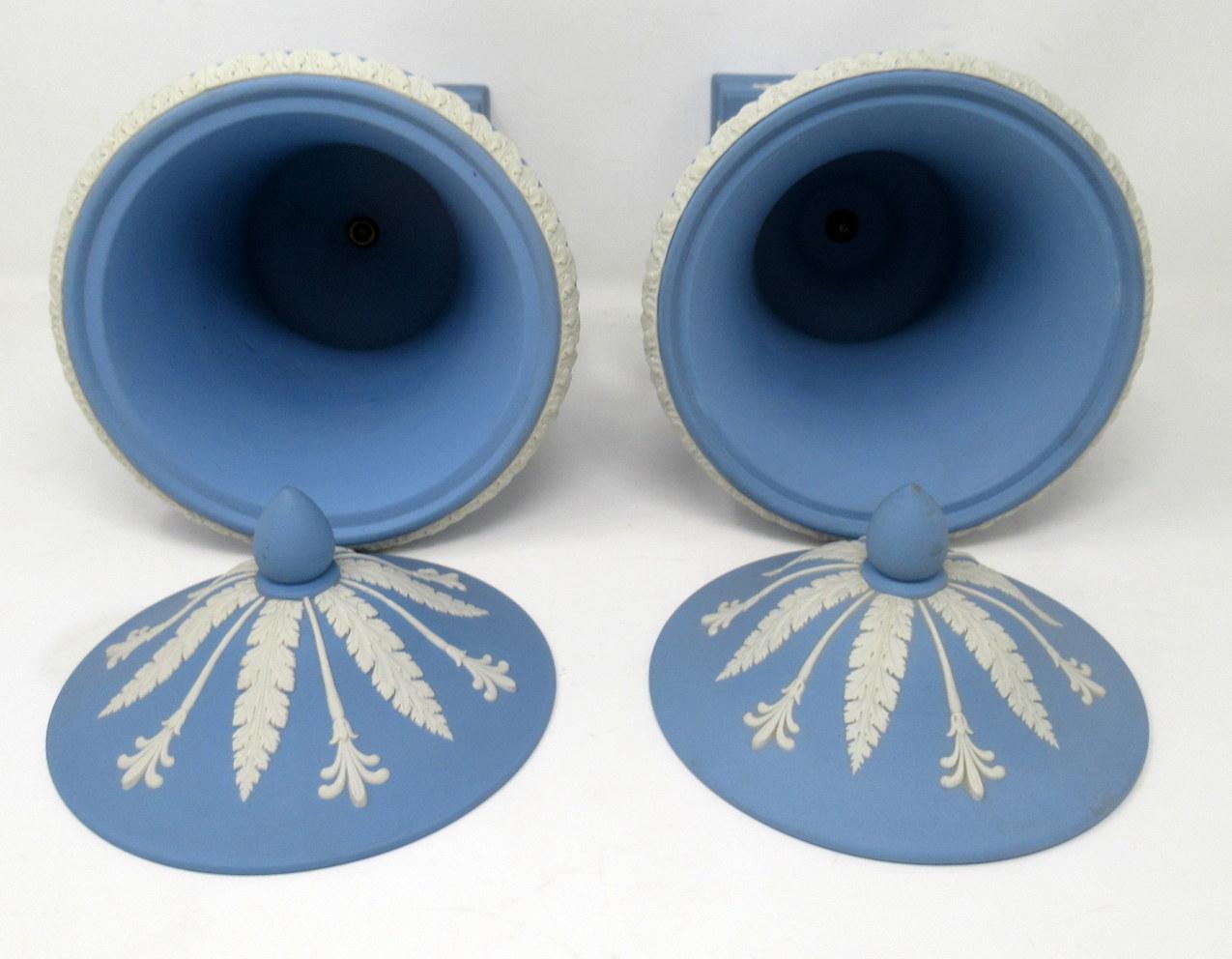 20th Century Antique Pair Blue Wedgwood Jasperware Ceramic Porcelain Urns Vases Centerpieces 