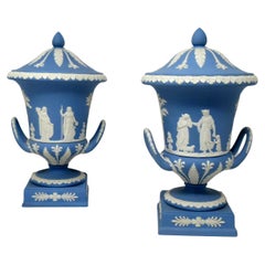 Antique Pair Blue Wedgwood Jasperware Ceramic Porcelain Urns Vases Centerpieces 