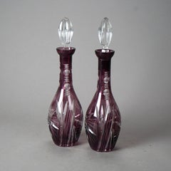 Antique Pair Bohemian Amethyst Cut-to-Clear Decanters Circa 1920