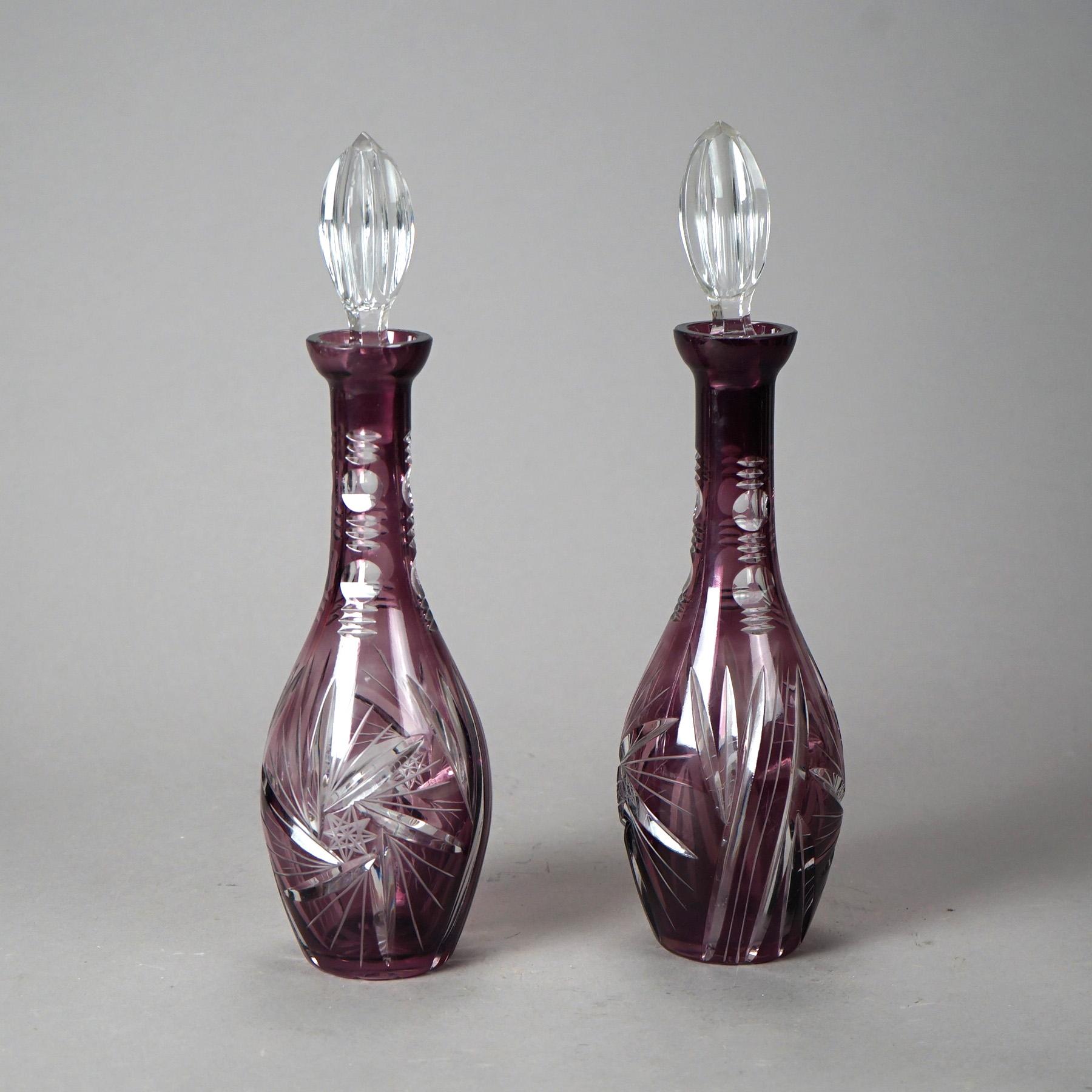 Antique Pair Bohemian Amethyst Cut-to-Clear Decanters Circa 1920 In Good Condition In Big Flats, NY