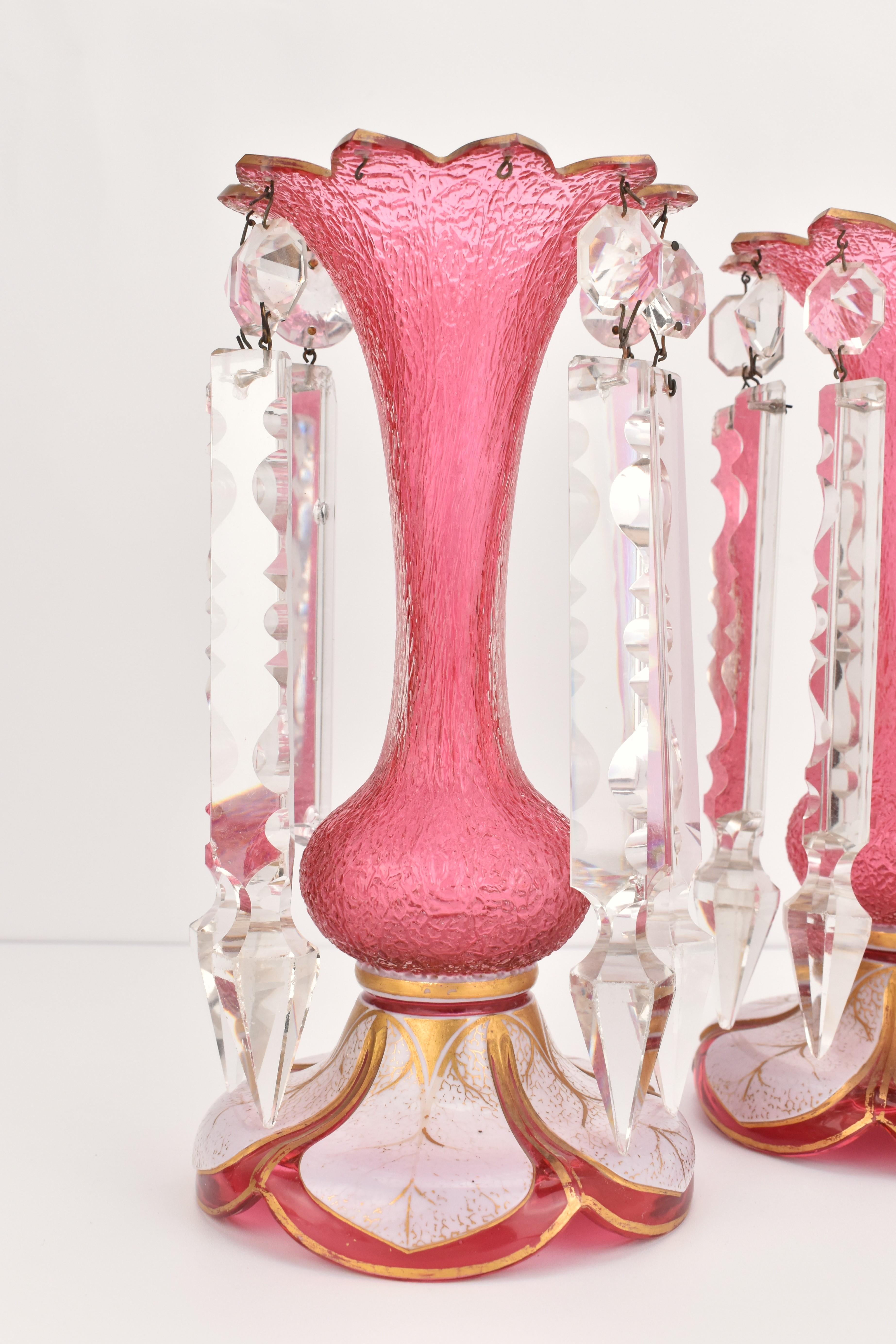 Antique pair Bohemian parcel gilt frosted cranberry overlay glass mantel lusters For Sale 4