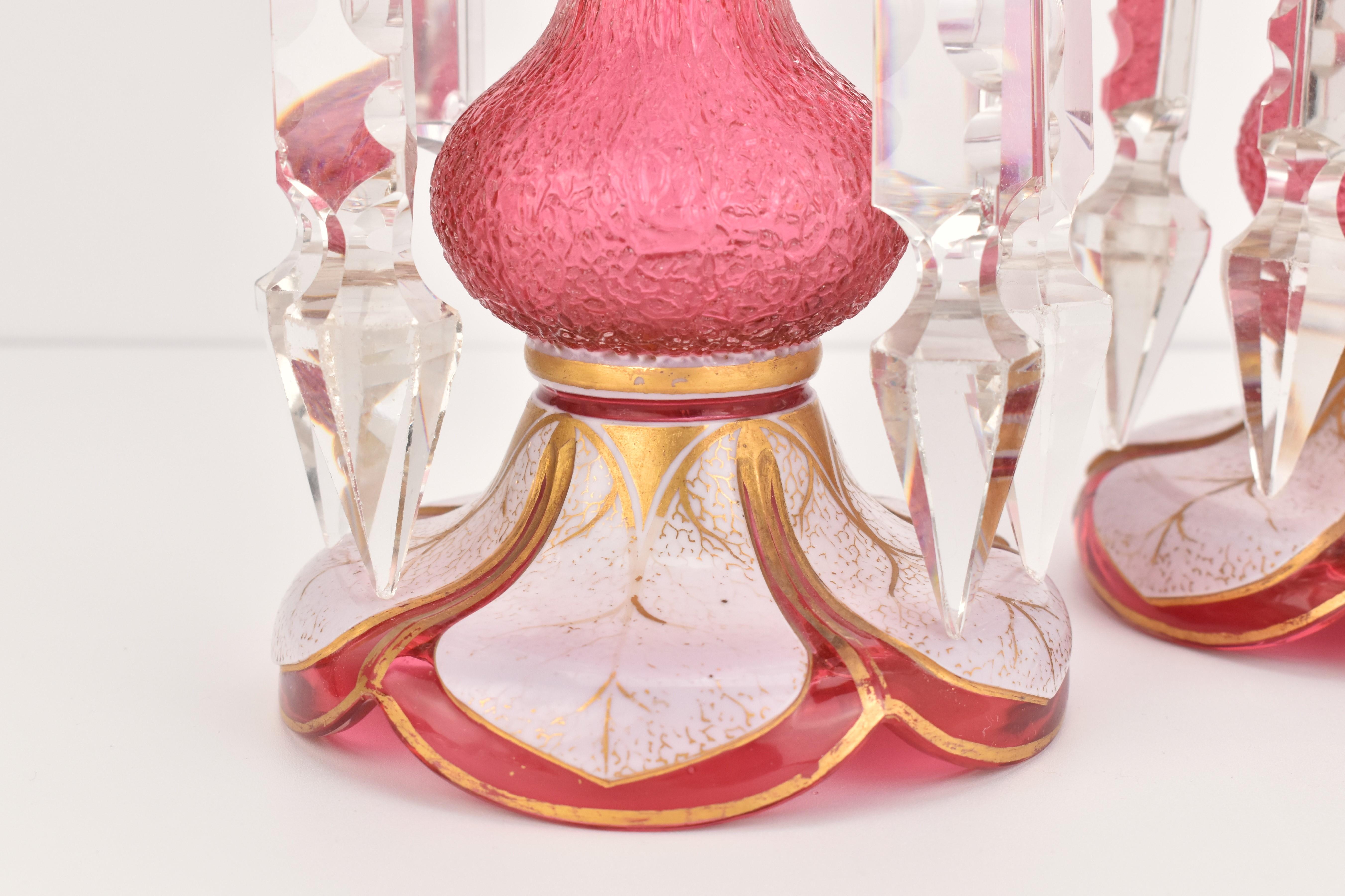 Antique pair Bohemian parcel gilt frosted cranberry overlay glass mantel lusters For Sale 5