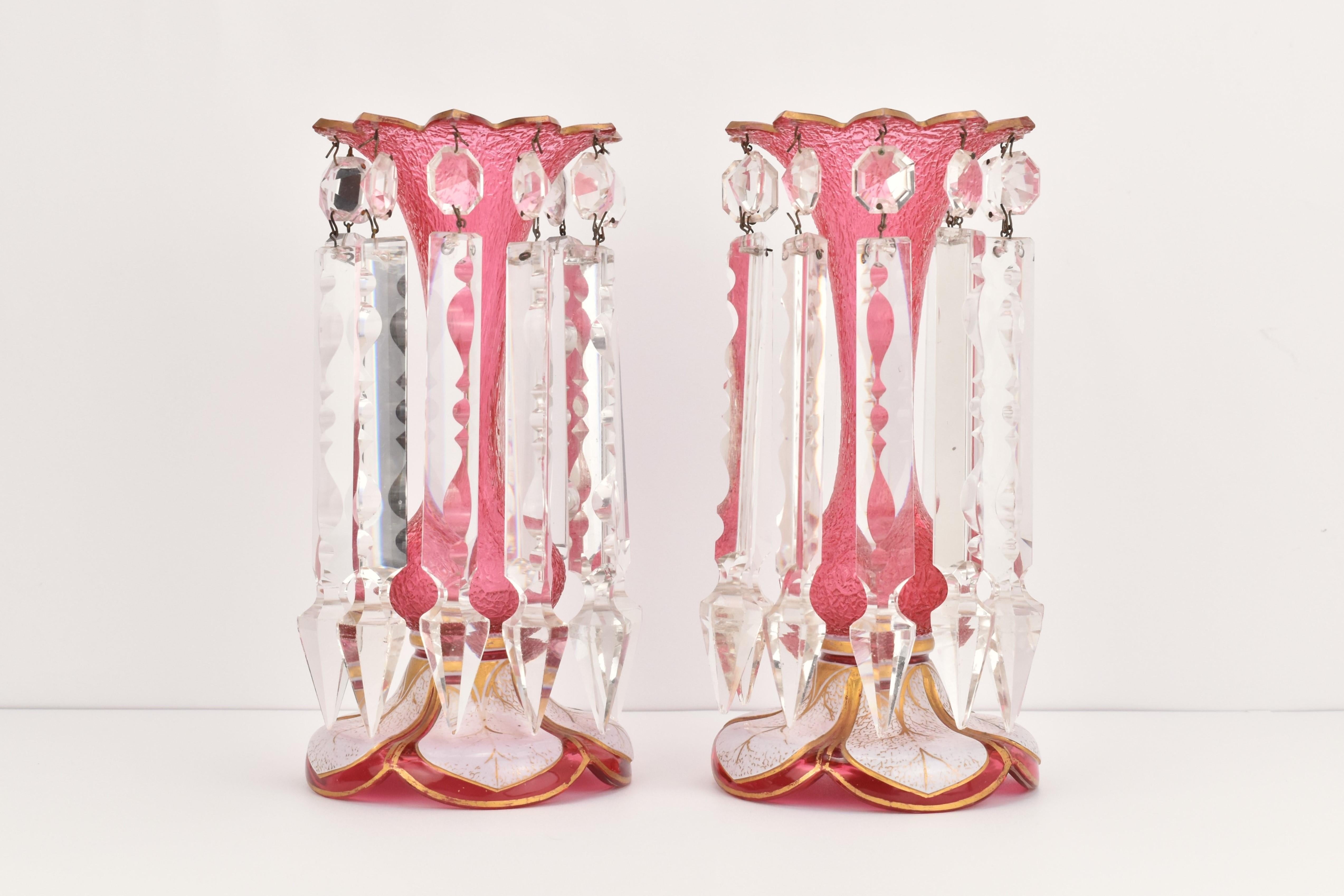 A very fine pair of Antique Bohemian double overlay, White to Cranberry cut Crystal Lusters / Girondles, Portes Ananas, Candle Holders .

circular body in cranberry frosted glass with cut and gilded rim, the bases are overlaid with milky white