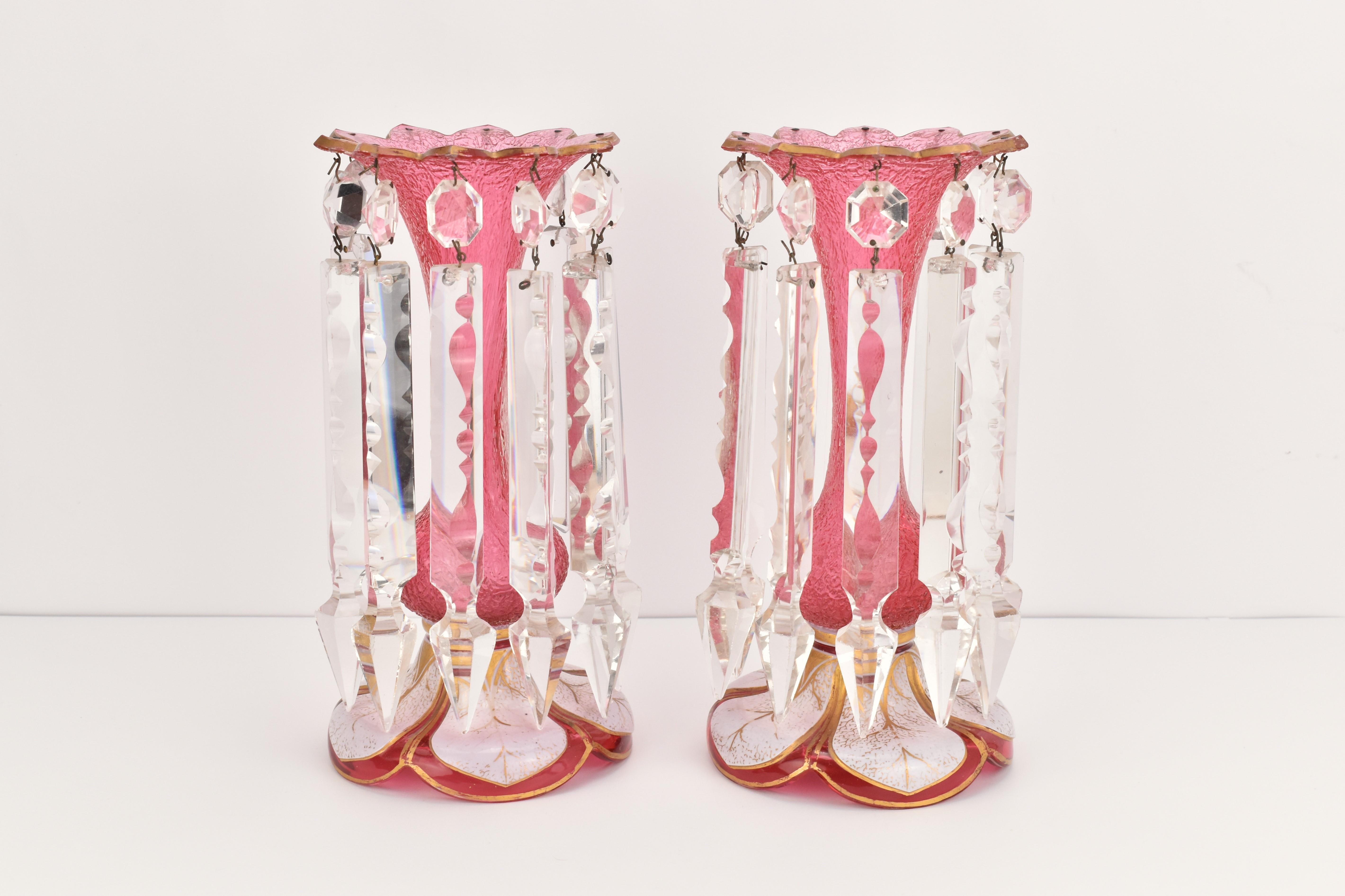 Gilt Antique pair Bohemian parcel gilt frosted cranberry overlay glass mantel lusters For Sale