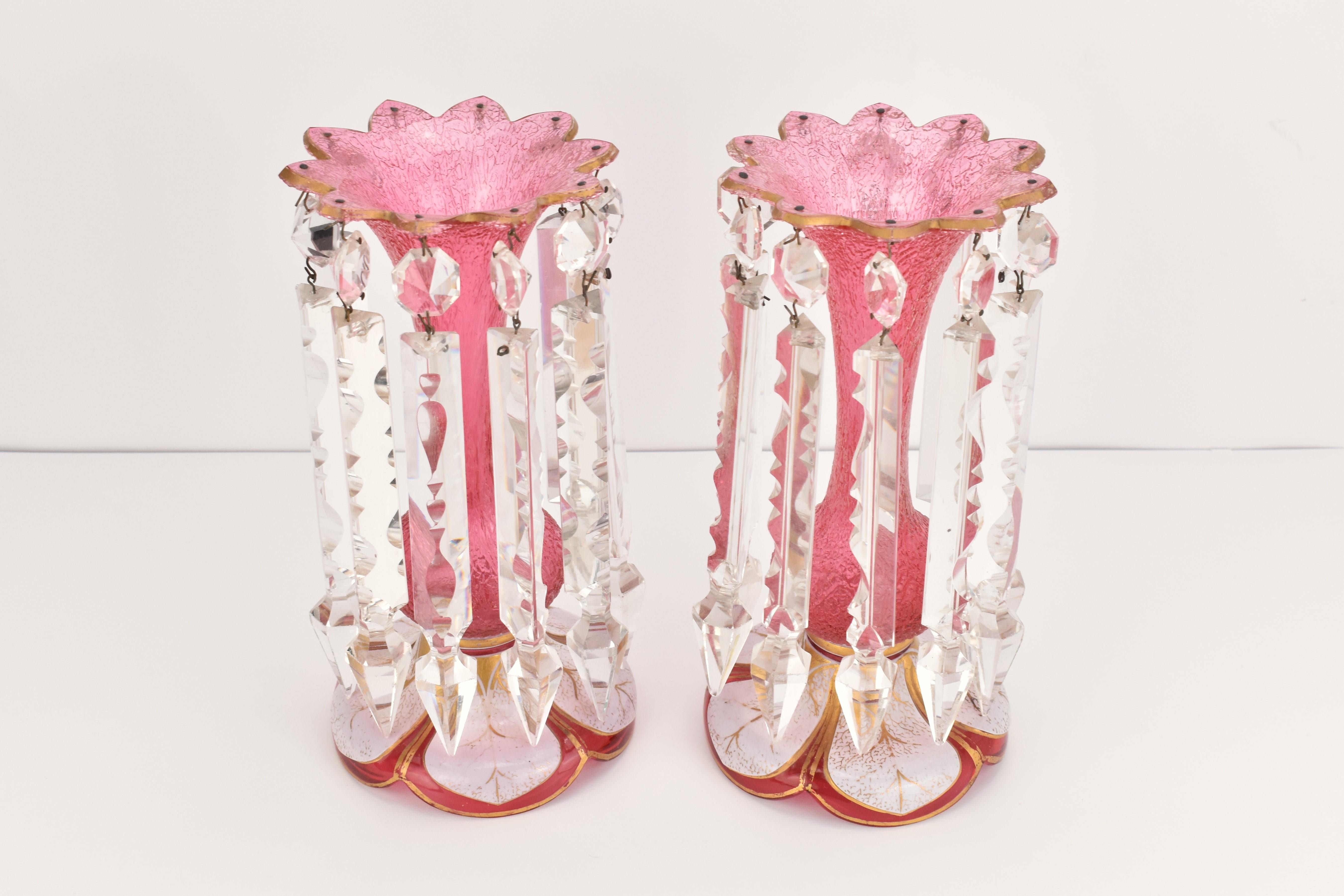 19th Century Antique pair Bohemian parcel gilt frosted cranberry overlay glass mantel lusters For Sale