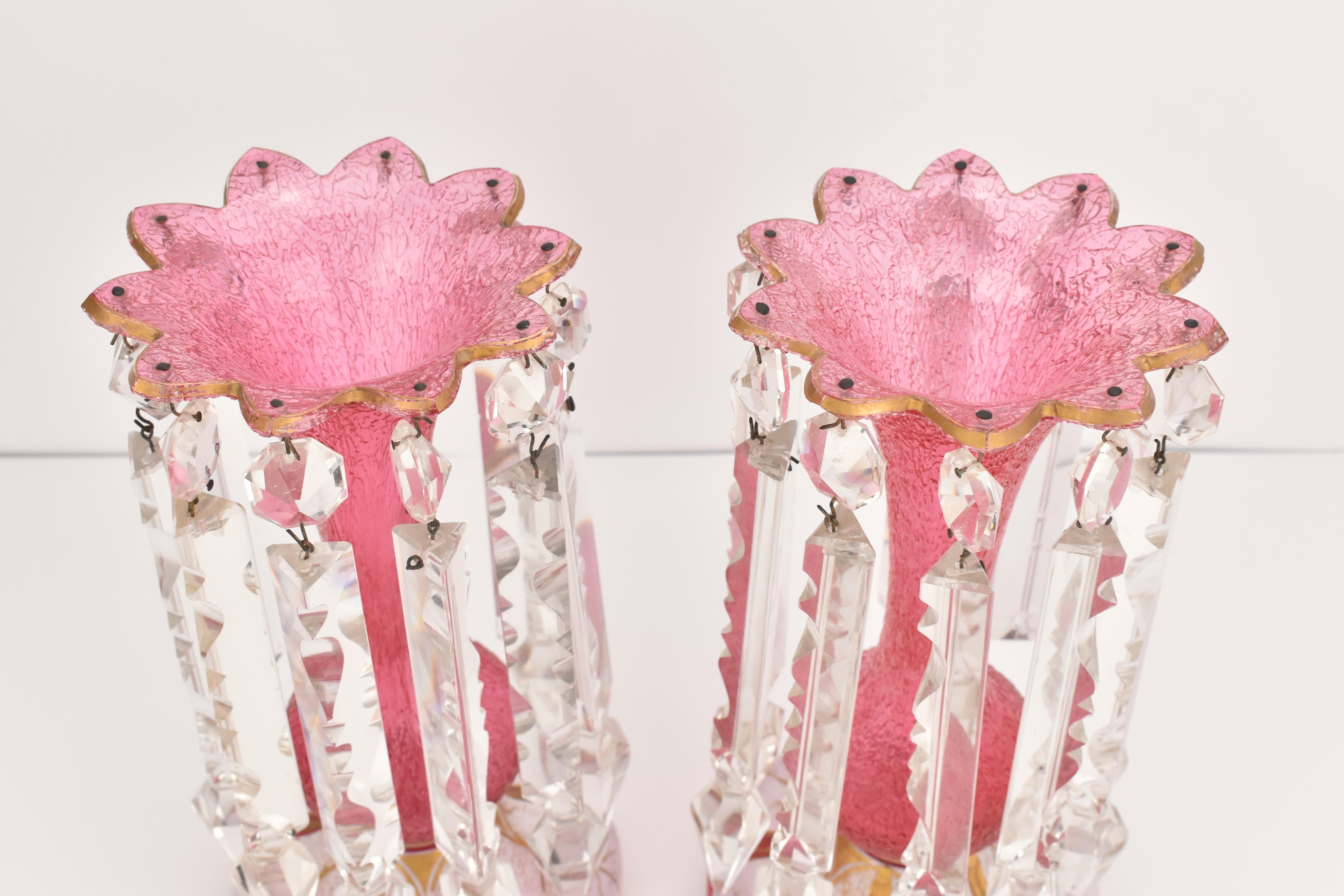 Crystal Antique pair Bohemian parcel gilt frosted cranberry overlay glass mantel lusters For Sale