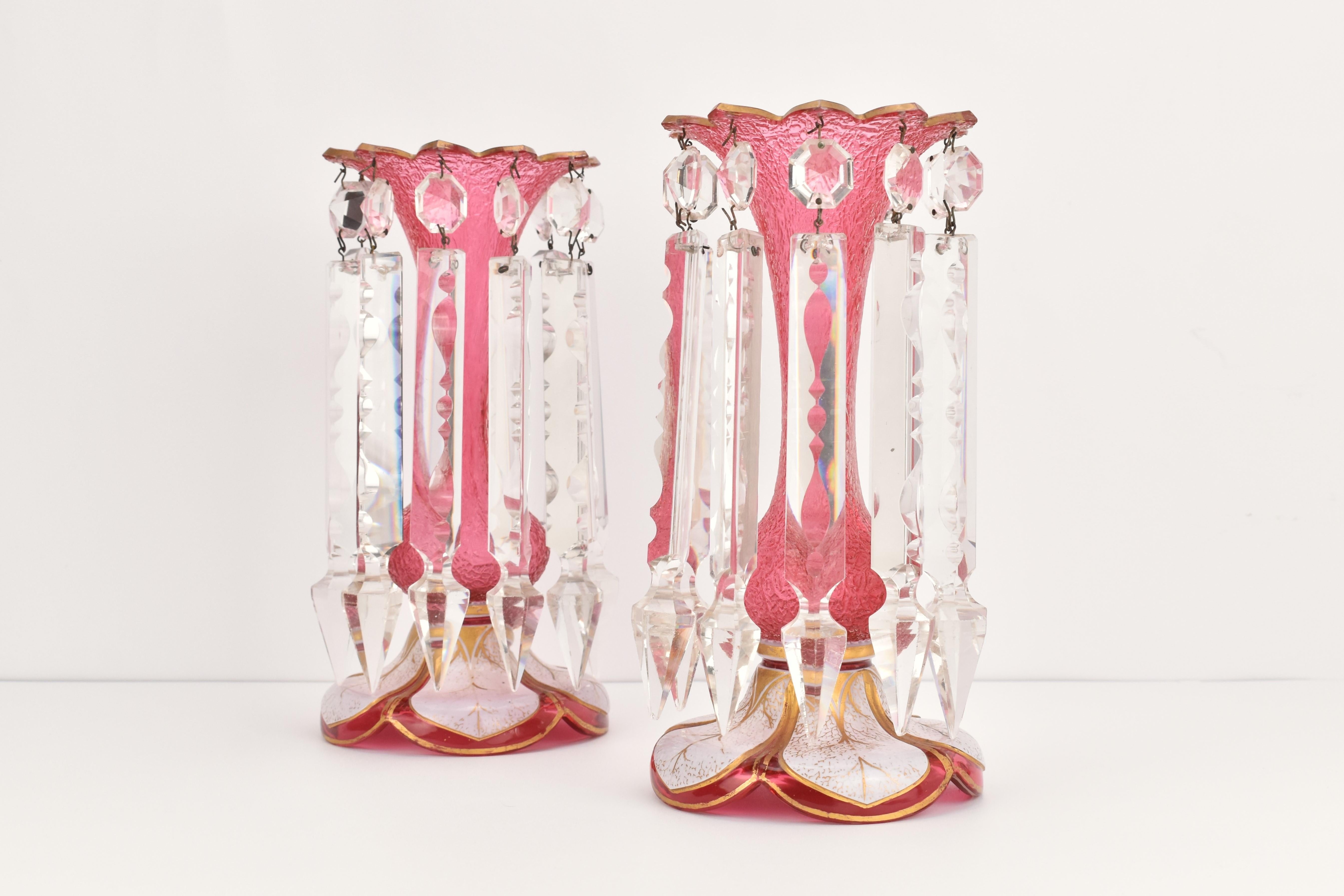 Antique pair Bohemian parcel gilt frosted cranberry overlay glass mantel lusters For Sale 2