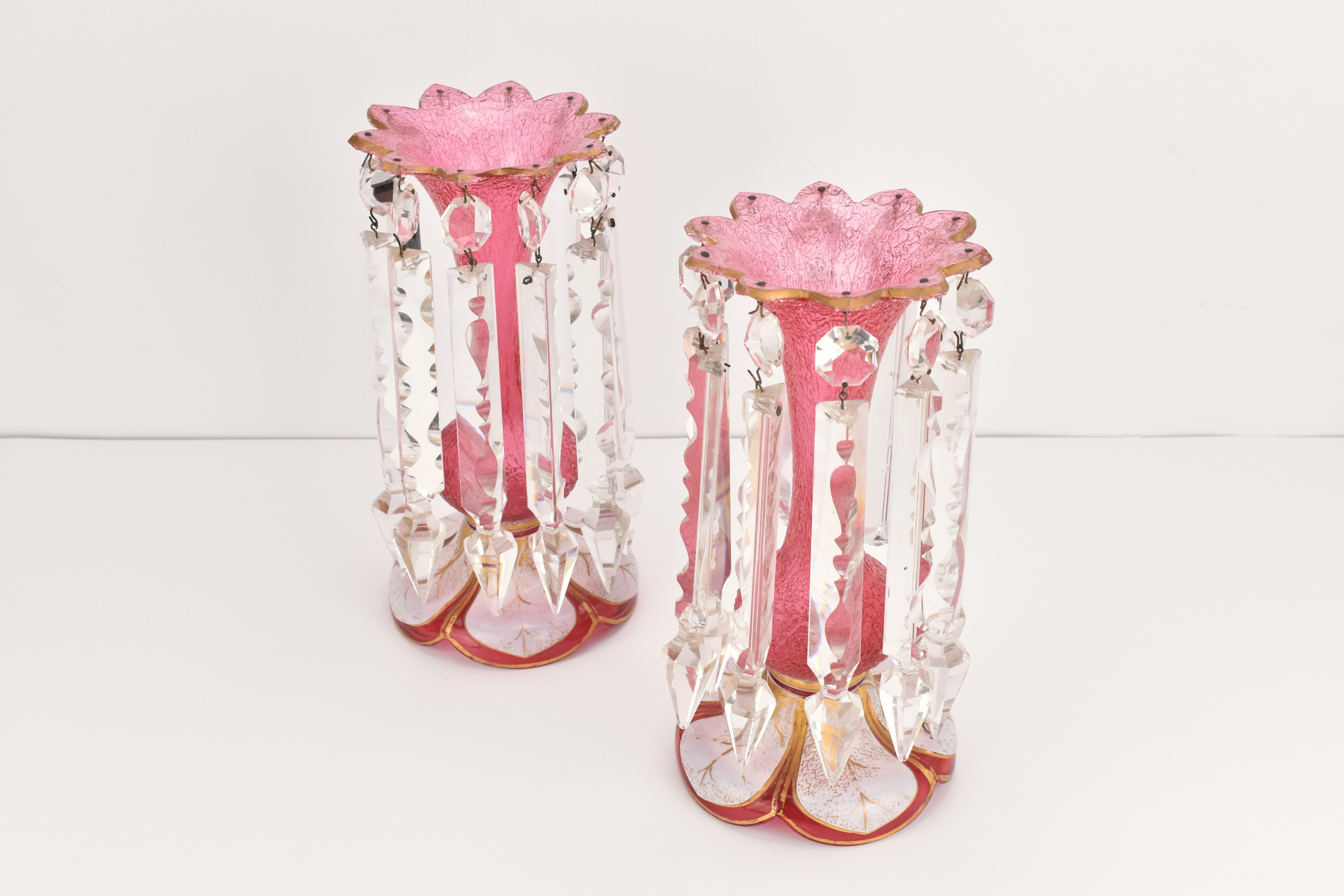 Antique pair Bohemian parcel gilt frosted cranberry overlay glass mantel lusters For Sale 3