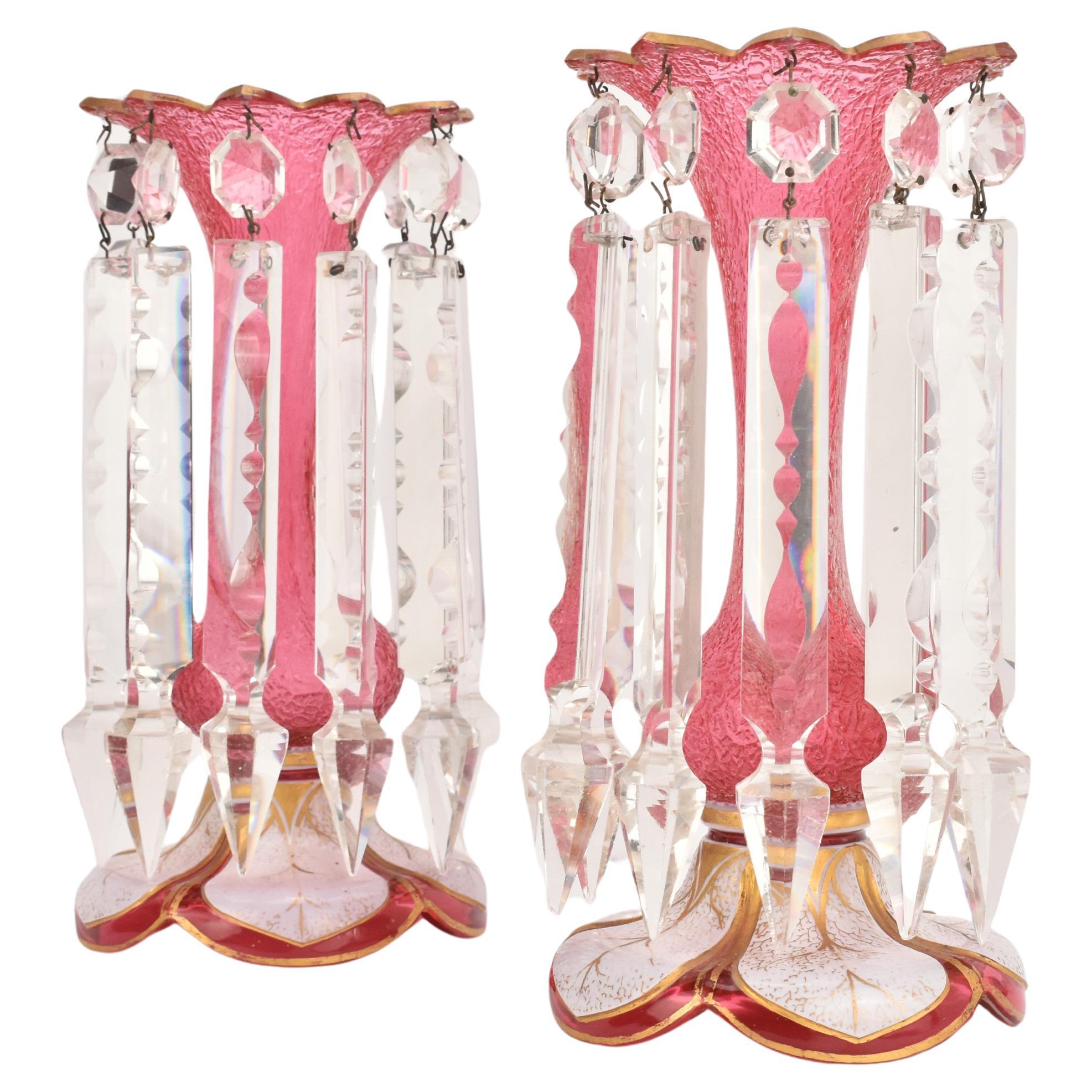 Antique pair Bohemian parcel gilt frosted cranberry overlay glass mantel lusters For Sale