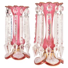 Antique pair Bohemian parcel gilt frosted cranberry overlay glass mantel lusters