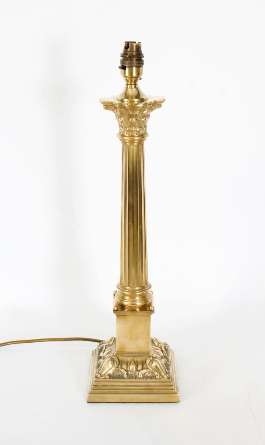 Regency Antique Pair Brass Corinthian Column Table Lamps 20th Century