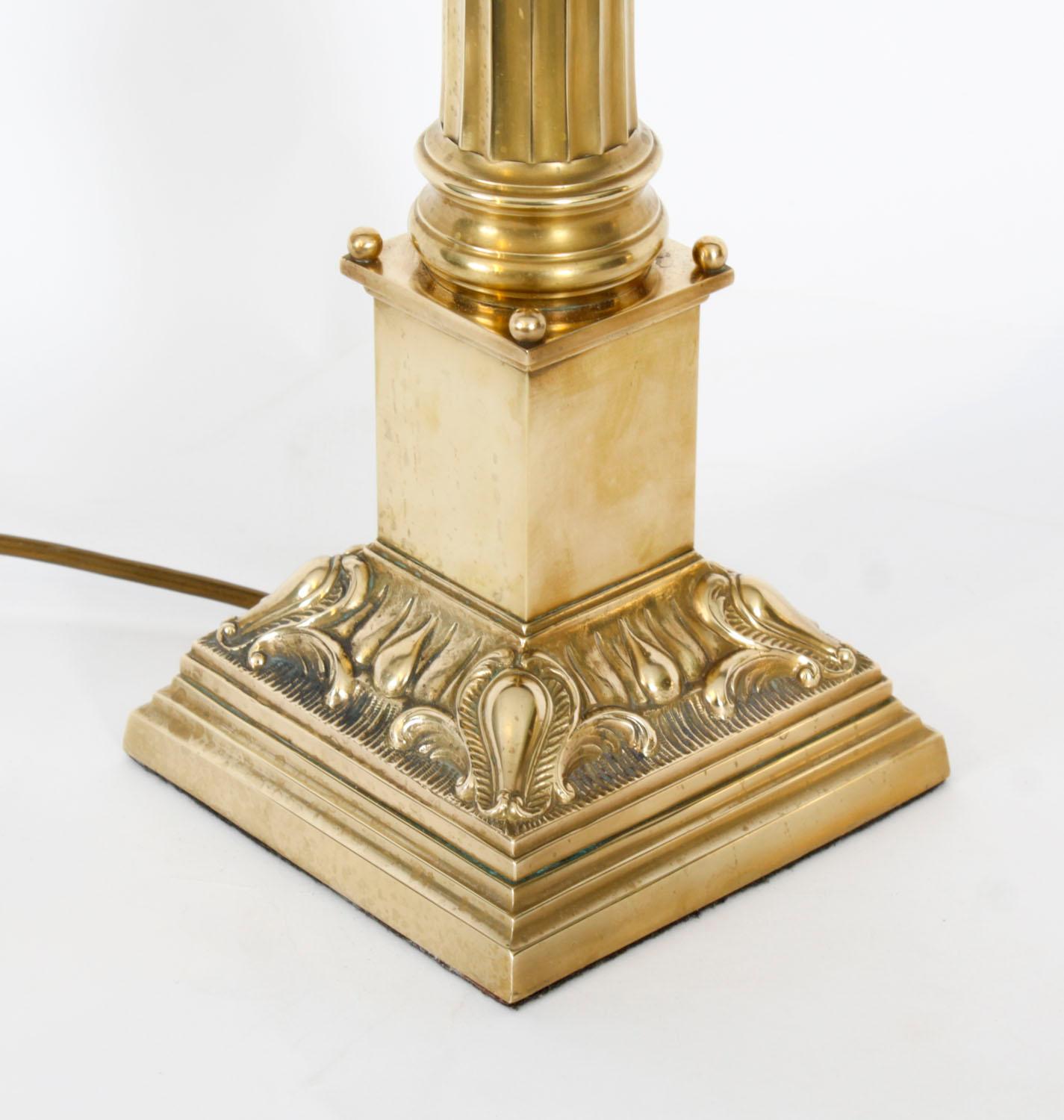 Antique Pair Brass Corinthian Column Table Lamps 20th Century 1
