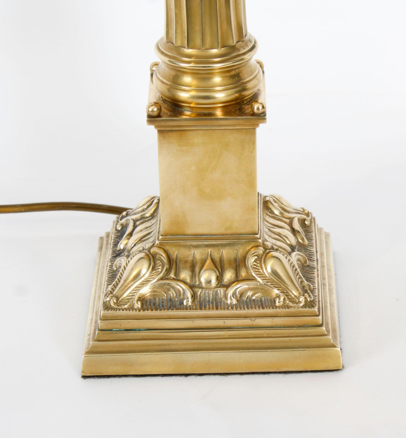 Antique Pair Brass Corinthian Column Table Lamps 20th Century 2