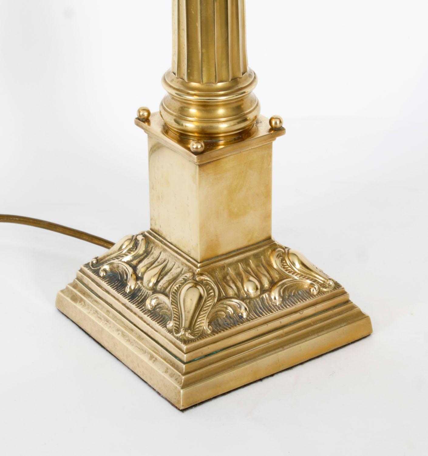 Antique Pair Brass Corinthian Column Table Lamps 20th Century 3