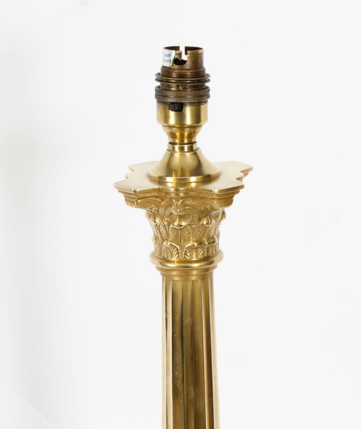 Antique Pair Brass Corinthian Column Table Lamps 20th Century 4