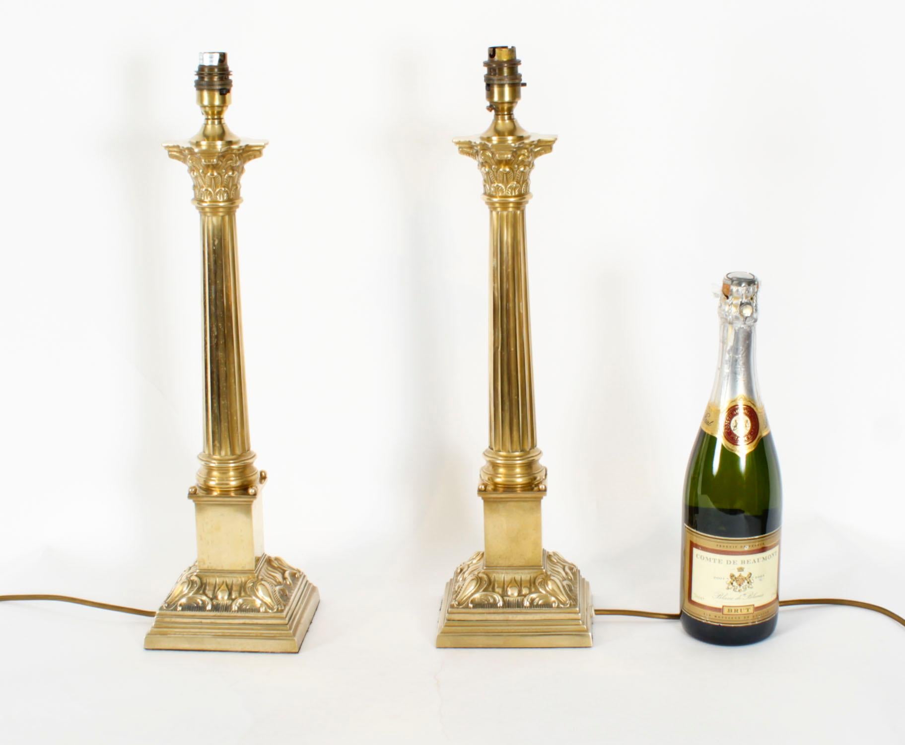 Antique Pair Brass Corinthian Column Table Lamps 20th Century 5