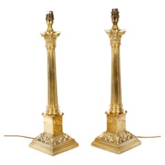 Vintage Pair Brass Corinthian Column Table Lamps 20th Century
