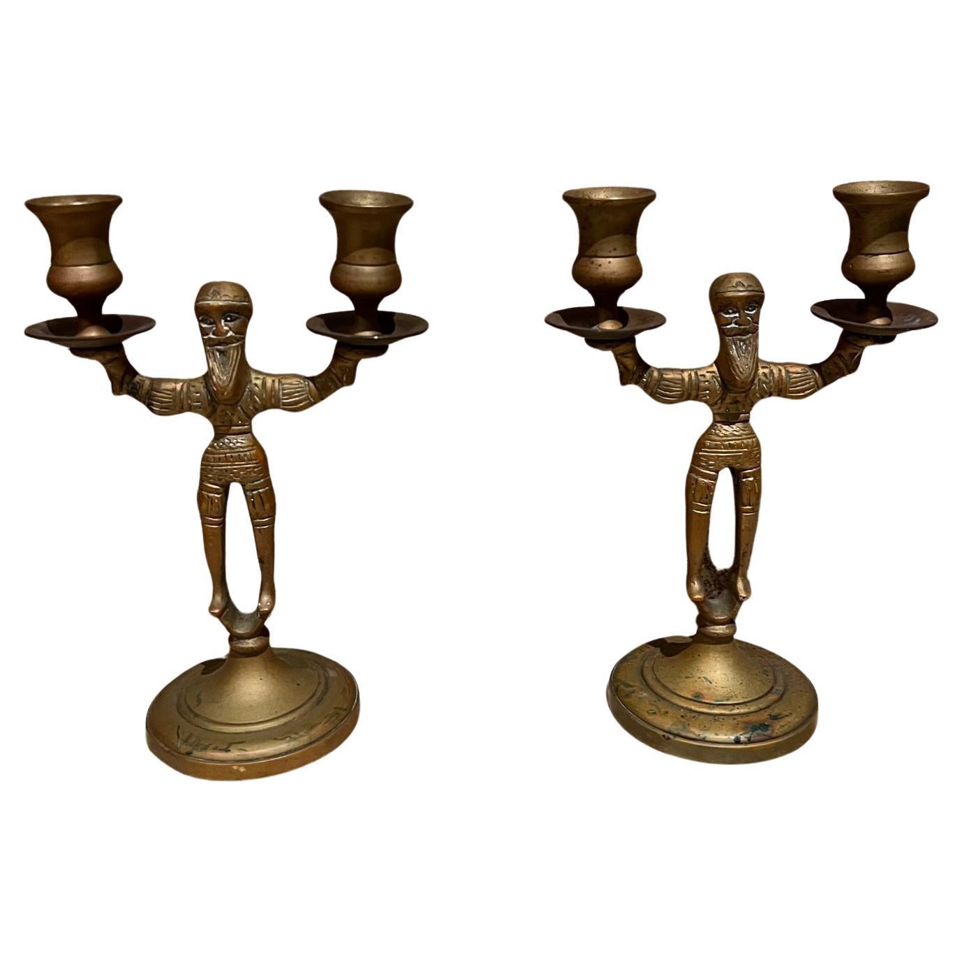 Antique Pair Brass Double Candlestick Holders Russian Candelabra