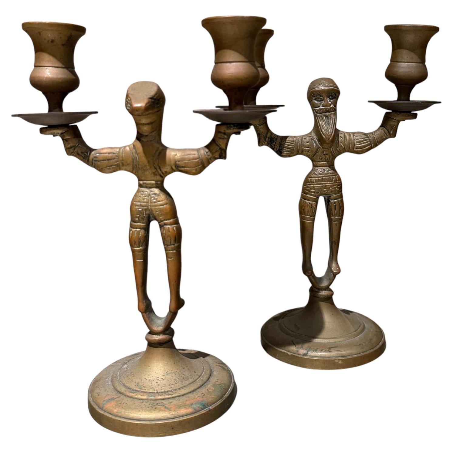 Antique Pair Brass Double Candlestick Holders Russian Candelabra For Sale