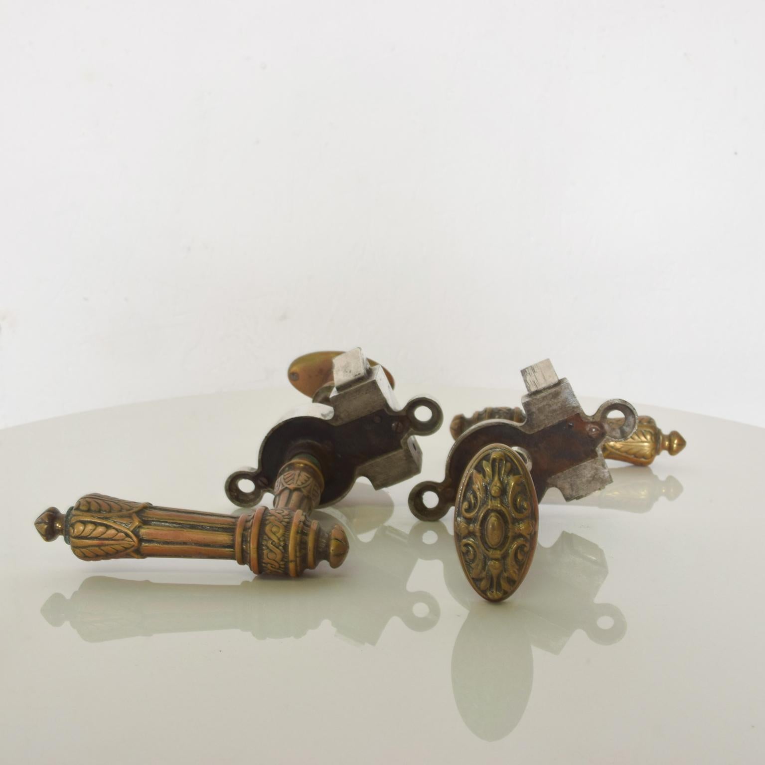 Pair of Brass French Regency Door Pulls Handle Lever Knobs Stamped FRANCE In Good Condition In Chula Vista, CA