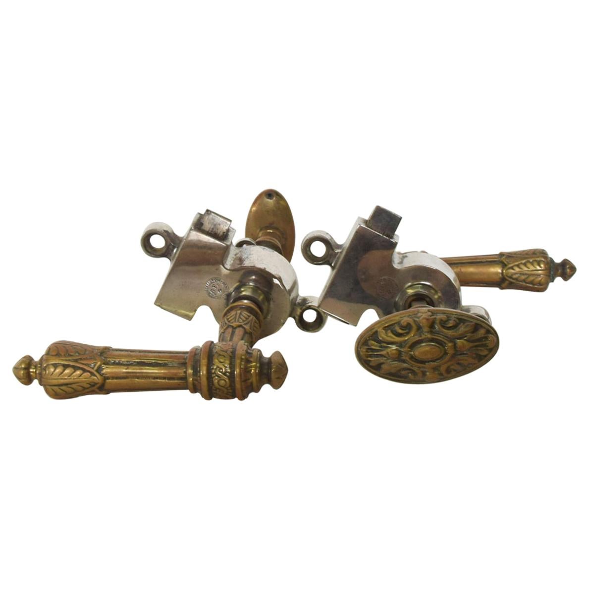 Pair of Brass French Regency Door Pulls Handle Lever Knobs Stamped FRANCE