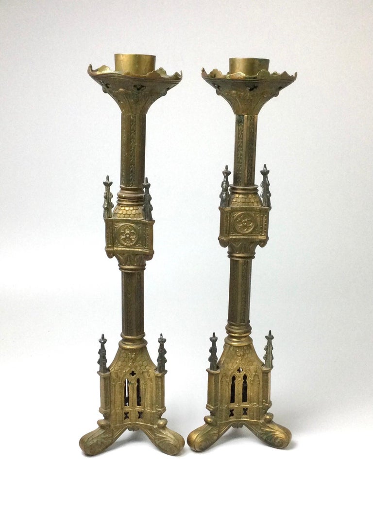 Antique Pair of Brass Gothic Church Altar Candlesticks For Sale at