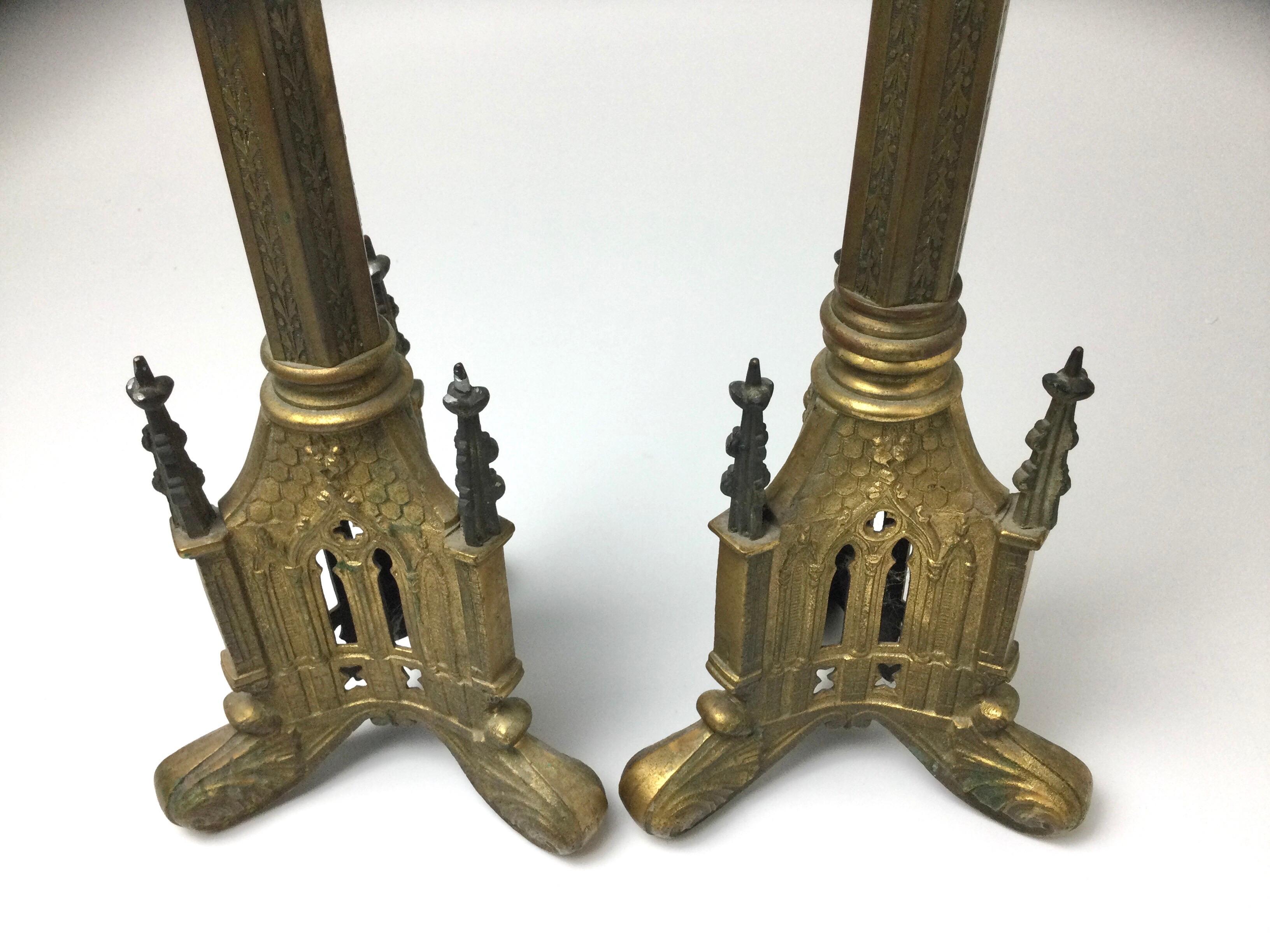 Unknown Antique Pair of Brass Gothic Church Altar Candlesticks
