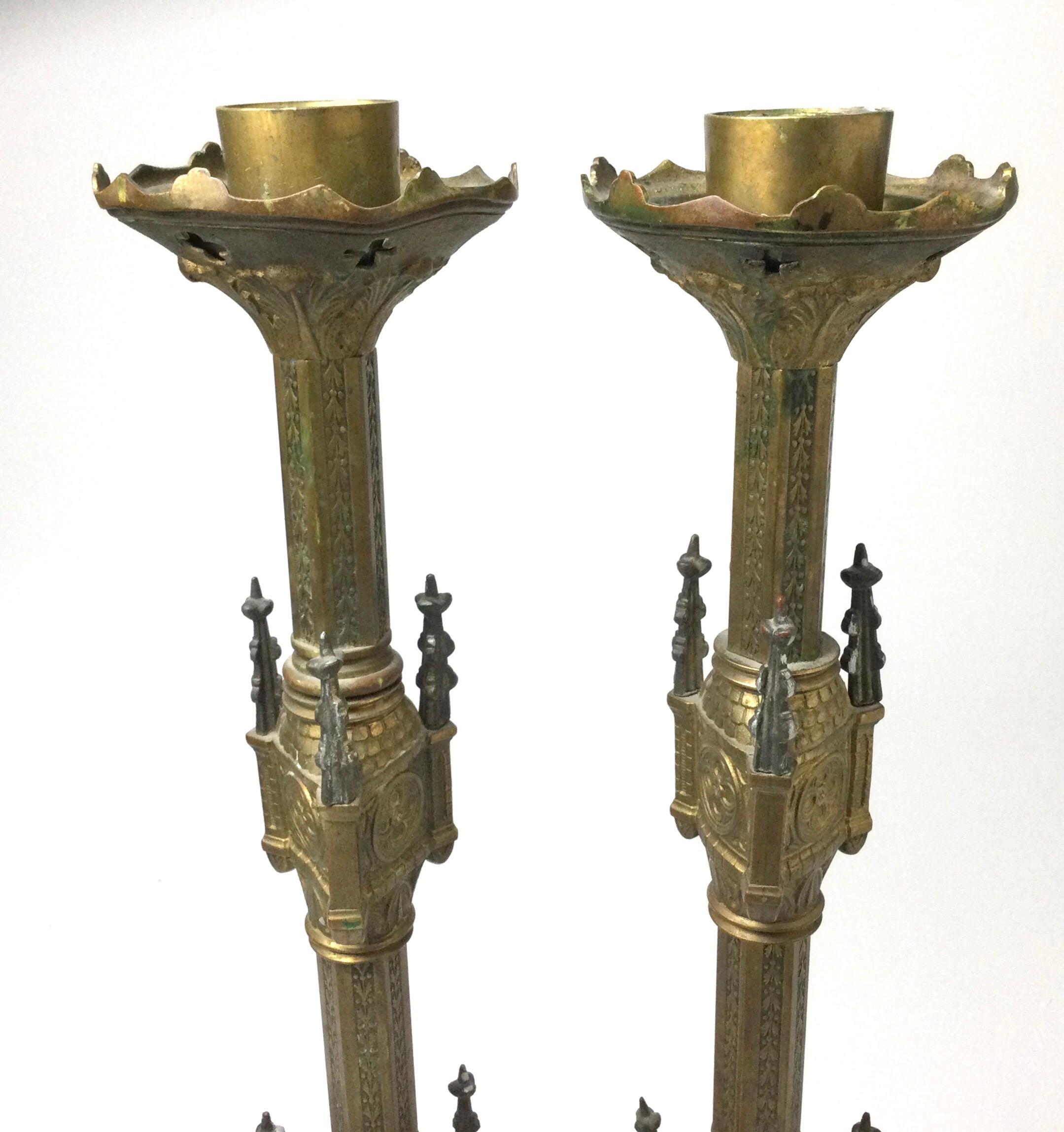 Antique Pair of Brass Gothic Church Altar Candlesticks In Good Condition In Lambertville, NJ