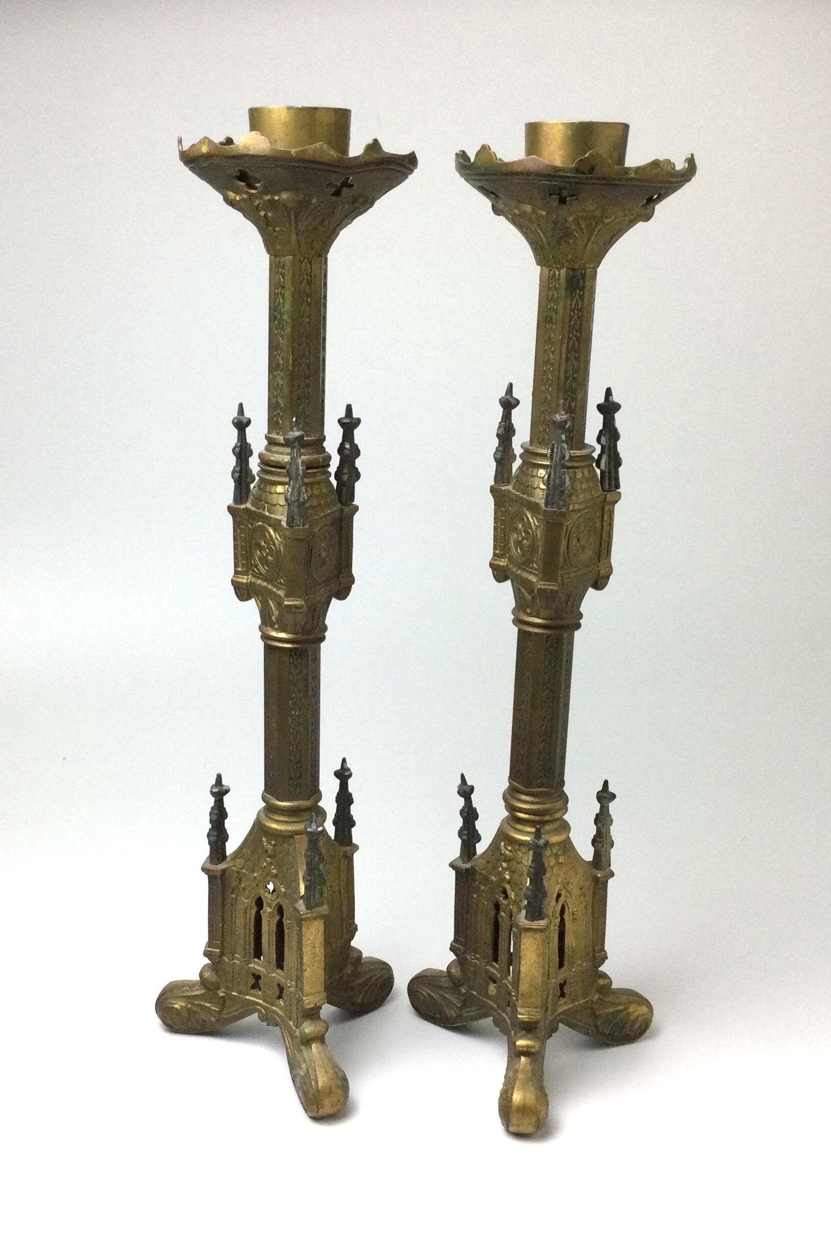 19th Century Antique Pair of Brass Gothic Church Altar Candlesticks