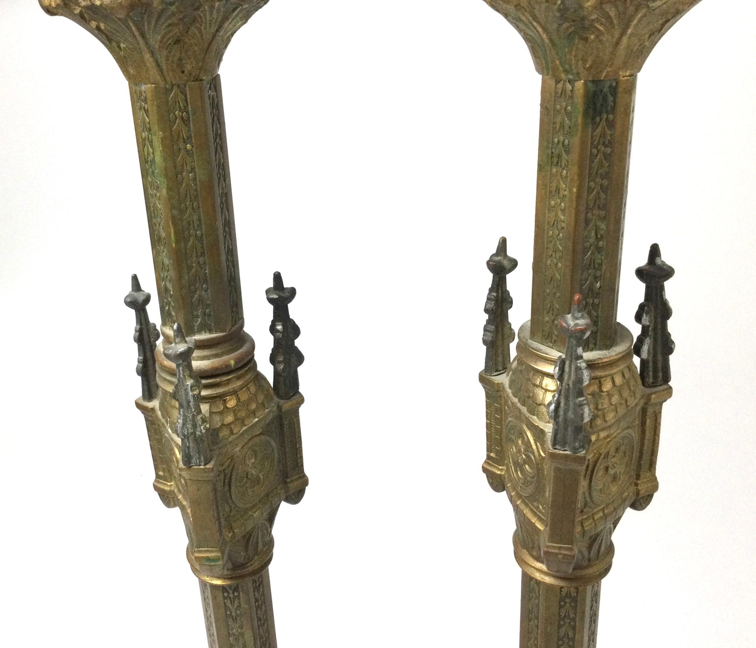 Antique Pair of Brass Gothic Church Altar Candlesticks 1