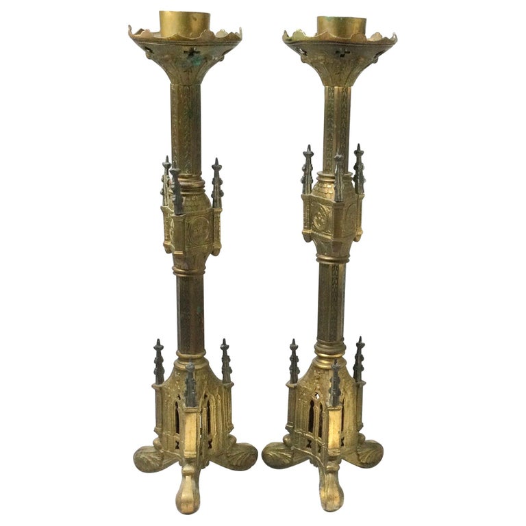 Antique Pair of Brass Gothic Church Altar Candlesticks For Sale at 1stDibs