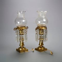 Antique Pair Brass Solar Astral Lamps with Etched Shades & Crystal Prisms, C1850
