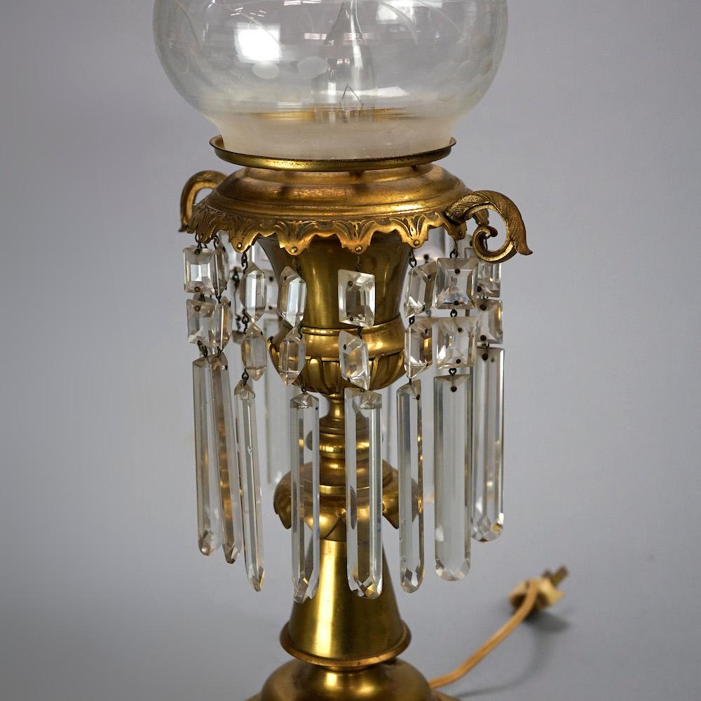 Antique Pair Brass Solar Astral Lamps with Etched Shades & Crystal Prisms, C1850 In Good Condition In Big Flats, NY