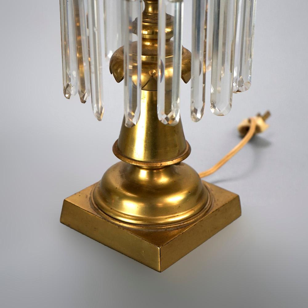 19th Century Antique Pair Brass Solar Astral Lamps with Etched Shades & Crystal Prisms, C1850